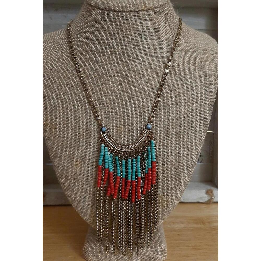 Vintage 1970s Long Boho Western Style Faux Turquoise Seed Bead Goldtone Necklace